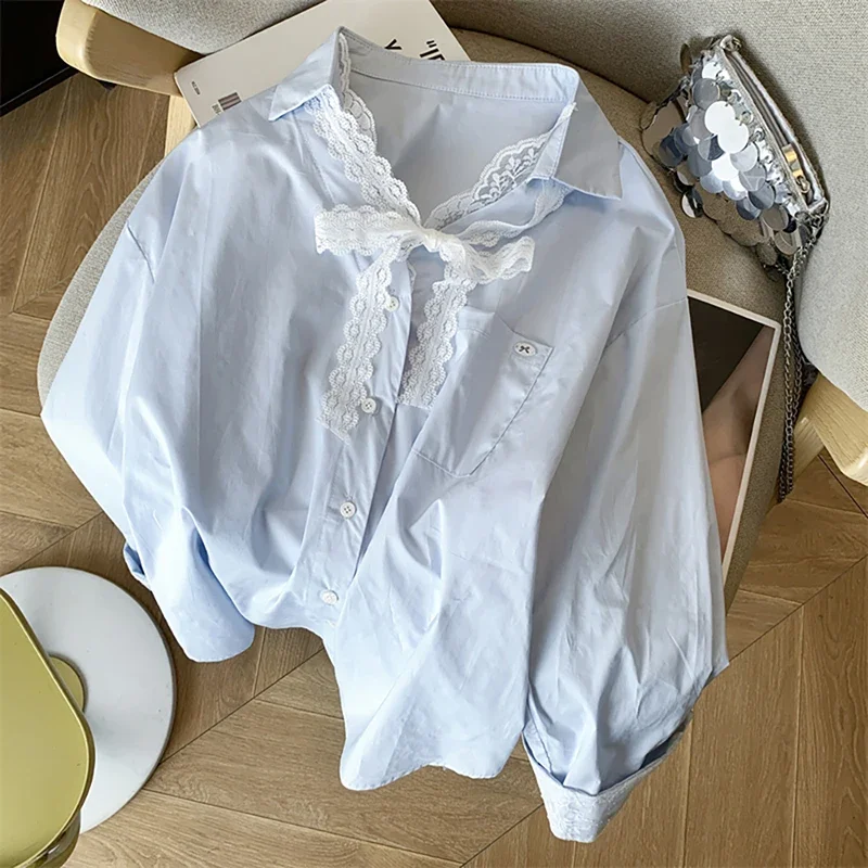 2026 New Summer Fake Two Pieces Shirts Women Casual Lace Bow Collar Sun Protective Womens Blouse Long Sleeve Female Tops