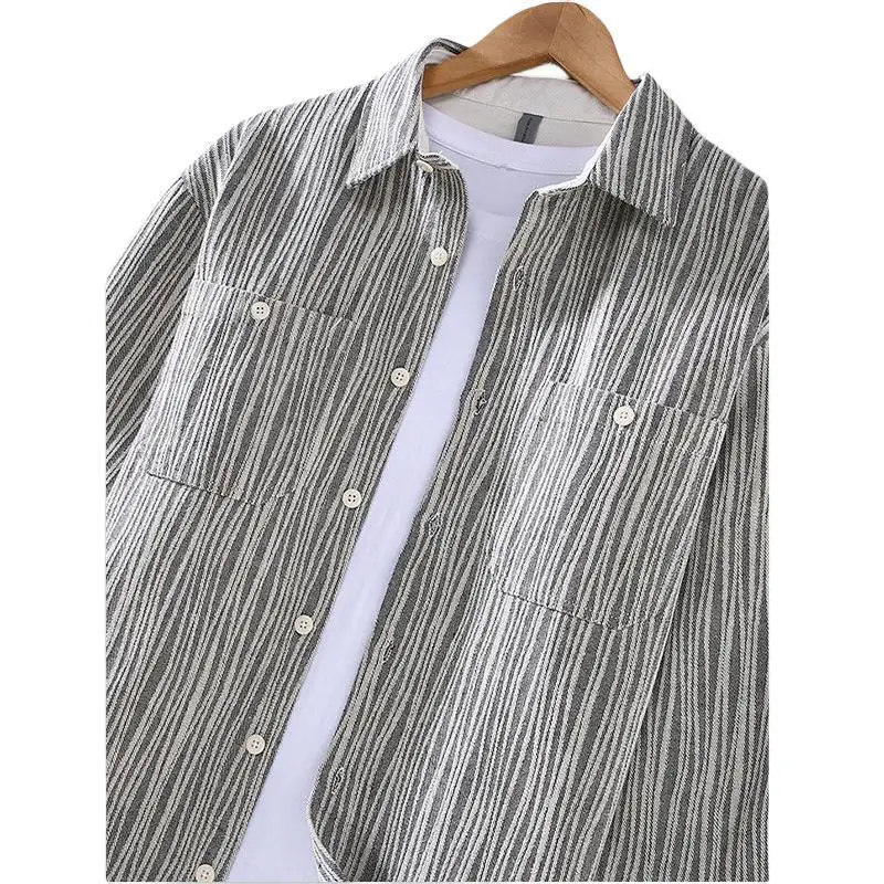 Retro Spring Autumn New Fashion Striped Lapel Men\'s Cotton Polyester Pocket Casual Shirts For Men Loose High Street Clothes Tops