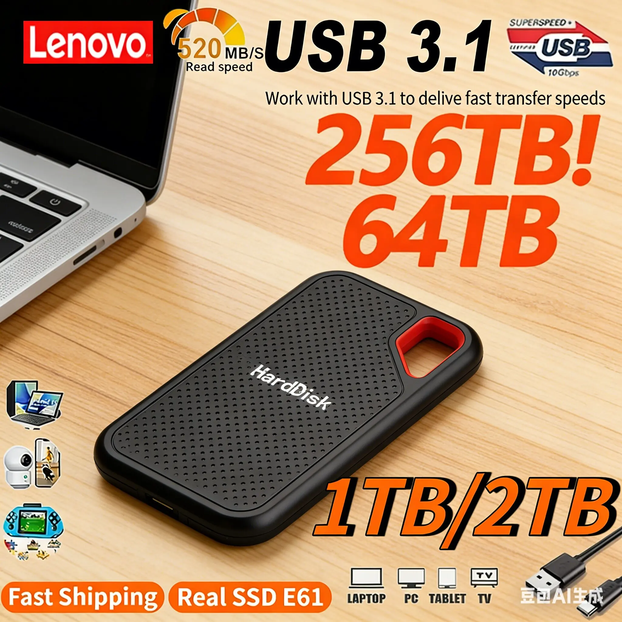 

Внешний жесткий диск Lenovo USB 3.1 SSD E60 2TB 6TB 8TB 256TB для ноутбуков, PS5, мобильных устройств, HDD-накопитель