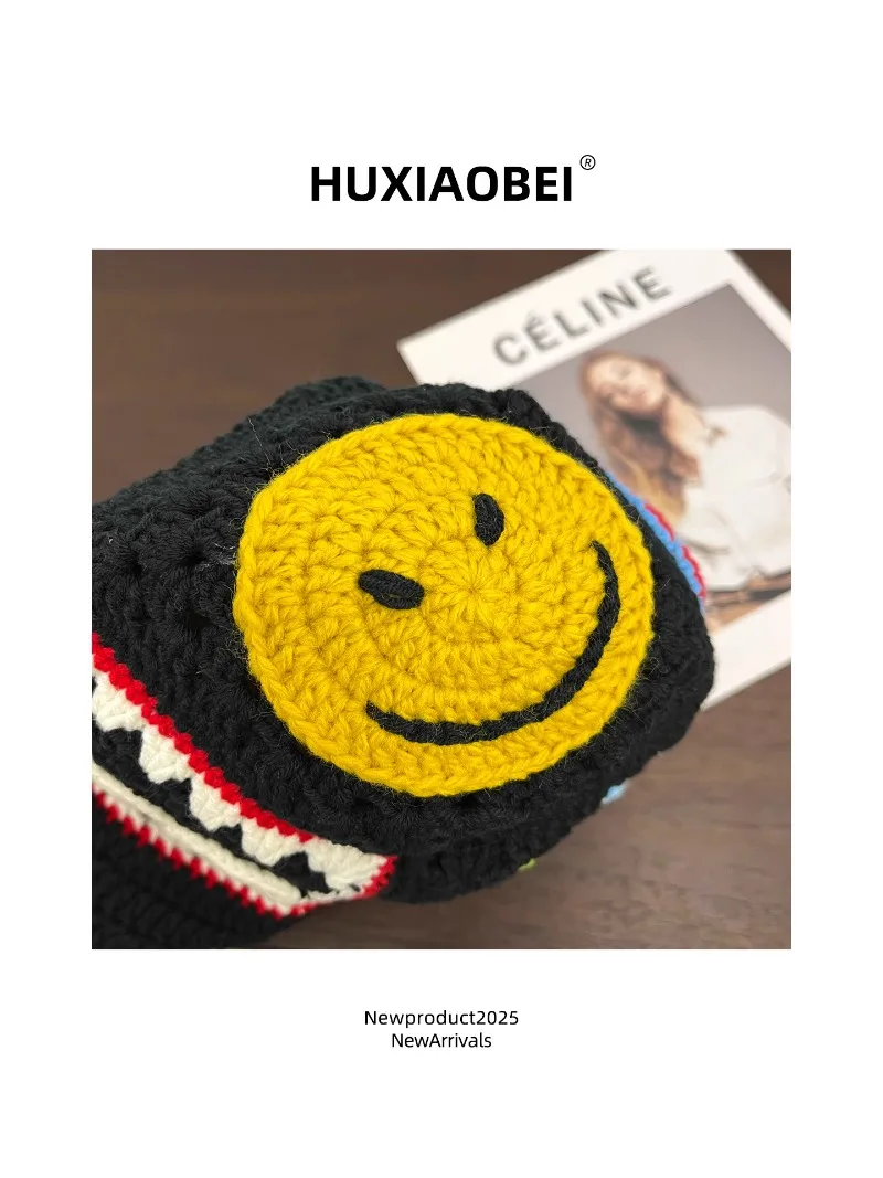 Korean Handmade Crocheted Flower Bucket Hat Women Spring Summer Travel Big Size Smile Face Personalized Knitted Bucket Hat view 5