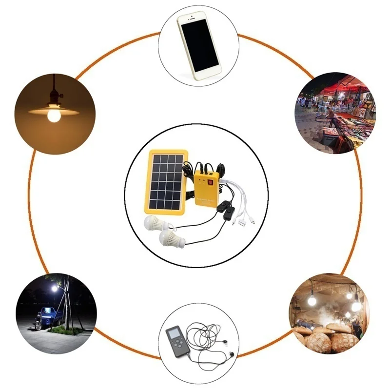 ソーラーパネル発電機,3つの電球を備えた家庭用キット,ランプ,緊急信号,USB充電器,屋外および庭用,4ヘッド