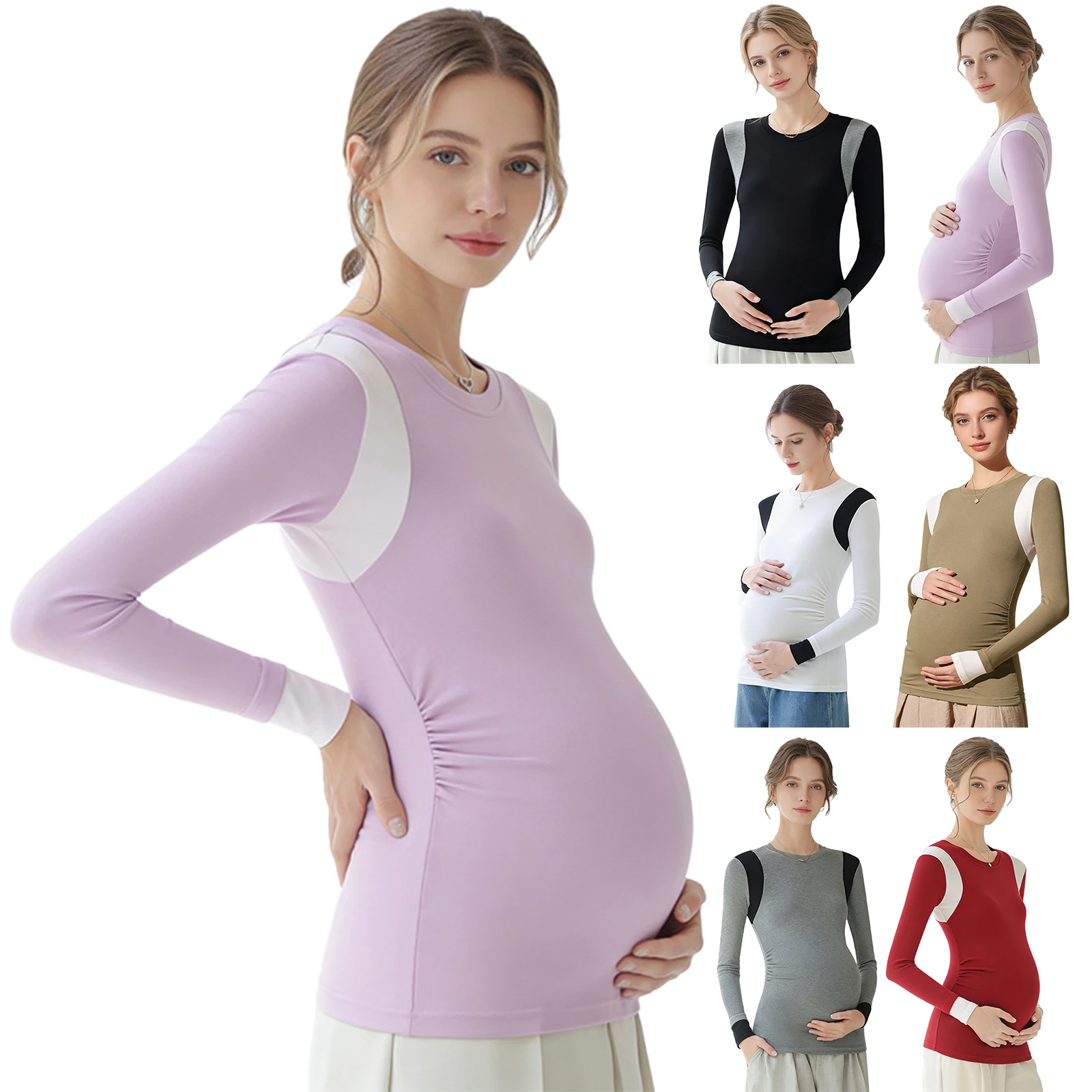 

Повседневные рубашки для беременных с круглым вырезом и цветными блоками, эластичная футболка с длинными рукавами и рюшами, одежда для беременных, футболка для тренировок по йоге, топ