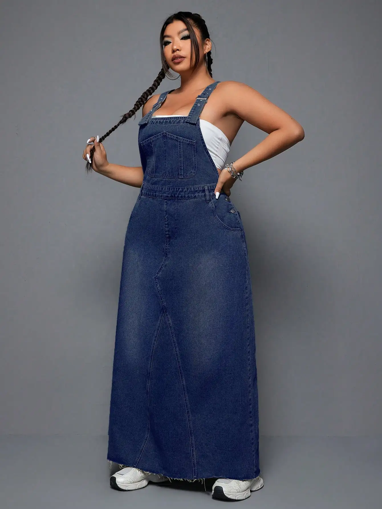 Übergrößes Denim-Rückenfreies Langes Kleid, Locker Sitzend, Figurformend, Vintage-Waschung mit Ausgefranstem Saum, Lässige Sommermode – Detail 2