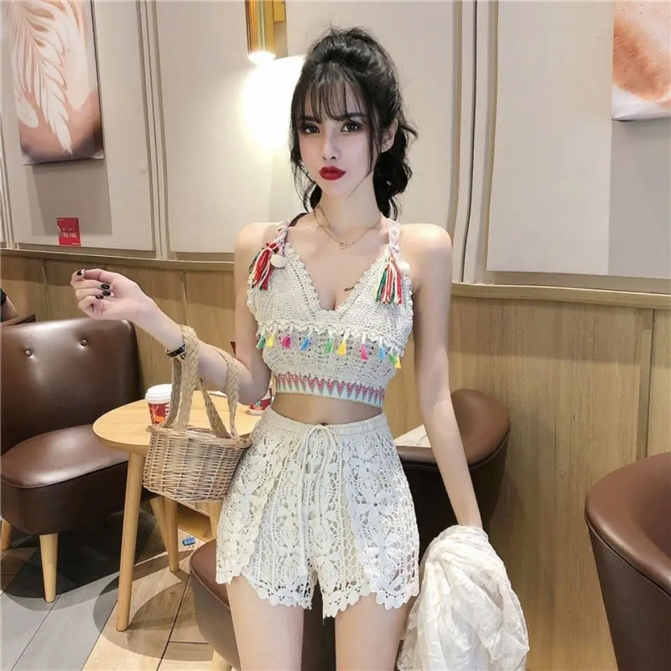 Three Piece Sets for Women Hollow Out Cardigan Halter Camisole Wide Leg Shorts Vacation Knitted Home Suits Beach Style E981