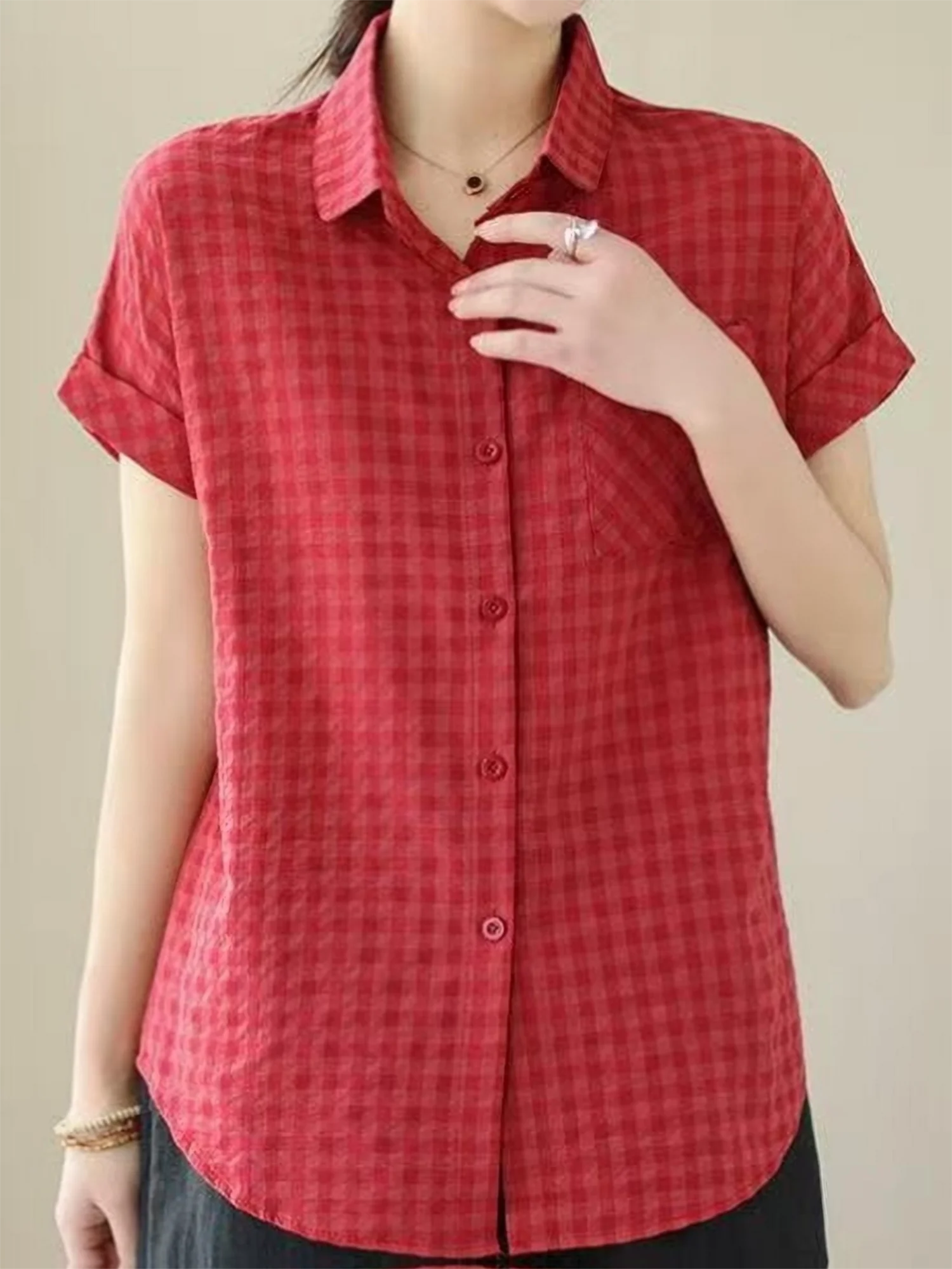 

Casual checked short-sleeved shirt for women in summer 2025, a new style of fashionable cotton and linen shirt that makes you lo