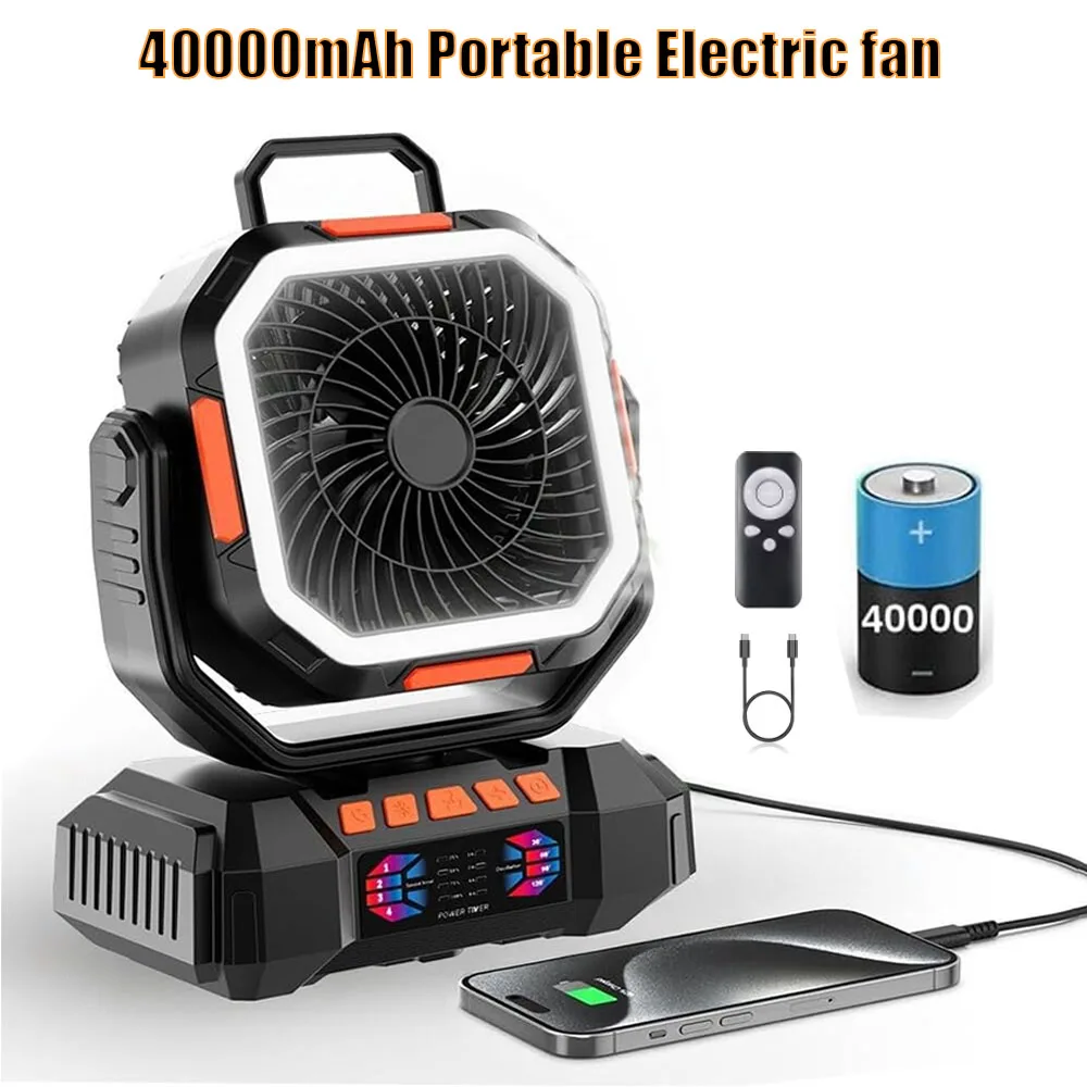 

Camping Fan - Rechargeable 40000mAh with LED Flashlight - Portable Outdoor Tent Fan with Hook and 4 Speeds