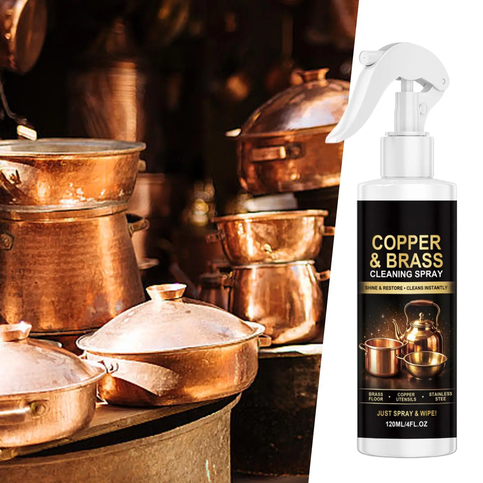 120ml Brass Copper Cleaning Spray Fast-Acting Tarnish & Stain Remover Non-Corrosive Metal Polish for Cookware Sink Kitchenware