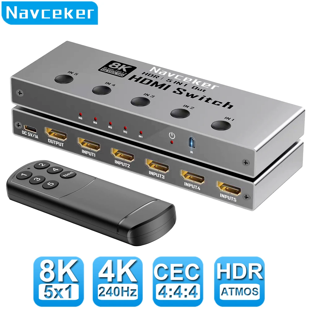 

HDMI-переключатель Navceker 2.1, 8K 4K 240 Гц, 3 входа, 5 входов, 1 выход, HDMI-сплиттер с пультом дистанционного управления для ноутбука, ПК, PS5, монитора, Xbox, телевизора