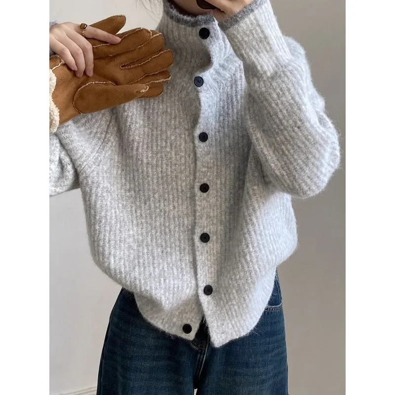 

Lazy Style Dark Gray V-Neck Color-Contrast Sweater Blazer Loose High-Class Retro Soft and Warm Coat