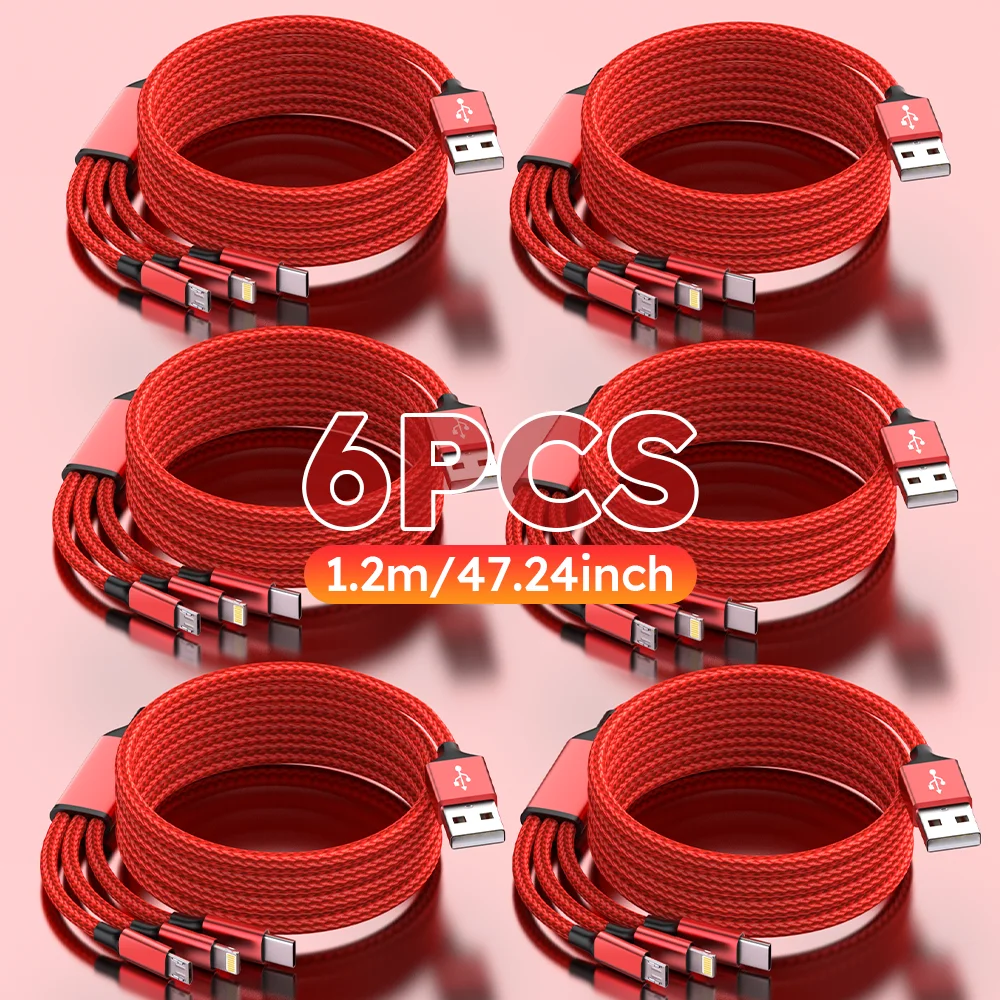 

Красный кабель для быстрой зарядки 3-в-1, 6 шт., с портами Type-C, USB и IP, подходит для устройств iPhone, Xiaomi и Samsung Android.