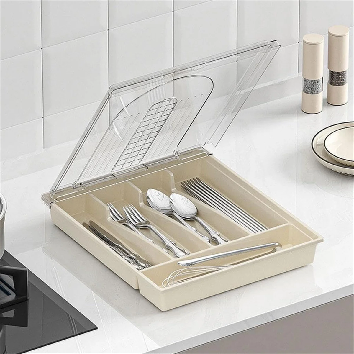 Organizer with Lid,Plastic Cutlery and Flatware Storage Box, Compartments Covered Utensil Tray for Kitchen Drawer B