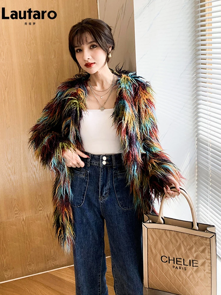 Lautaro Autumn Winter Colorful Soft Thick Warm Hairy Shaggy Faux Fur Coat Women Long Sleeve O Neck Luxury Fluffy Jacket 2023