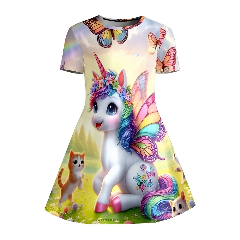 Mädchen-T-Shirt-Kleid mit Regenbogen-Einhorn- und Kätzchen-Print, Schmetterlingsgarten-Freizeitkleid für Kinder, geeignet für Geburtstagsgeschenke – Detail 6