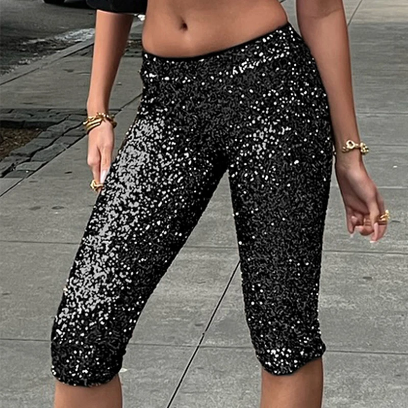 BKLD Hottie 2025 Mid-night Club Party Glitter Paillettes Moda Tight Fit Fianchi avvolti Pantaloni sexy di media lunghezza Pantaloni estivi da donna