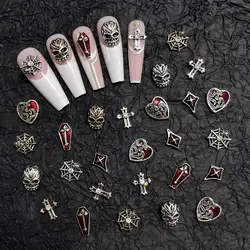 10PCS Halloween Series Alloy Cross Skeleton Nail Charms Retro Gold Silver Spider Web Tombstone Dark Wind Nail Art Decoration DIY