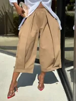 UOOZEE Women's Solid Color Cotton Blend Cropped Pants 2025 New Summer Casual Loose High-Waisted Wide Leg Trousers Bottoms - Image 5