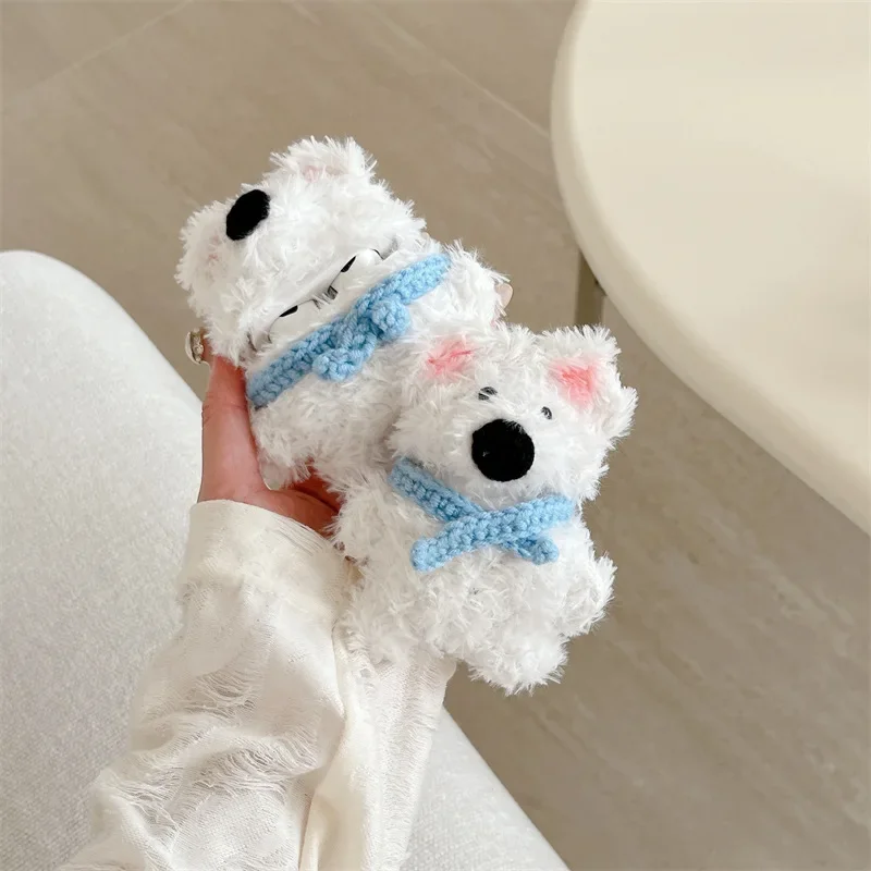 Plush Scarf Puppy Case for AirPods 4 Airpod 1 2 3 Pro Pro2  Bluetooth Earbuds Charging Box Protective Earphone Case Cover