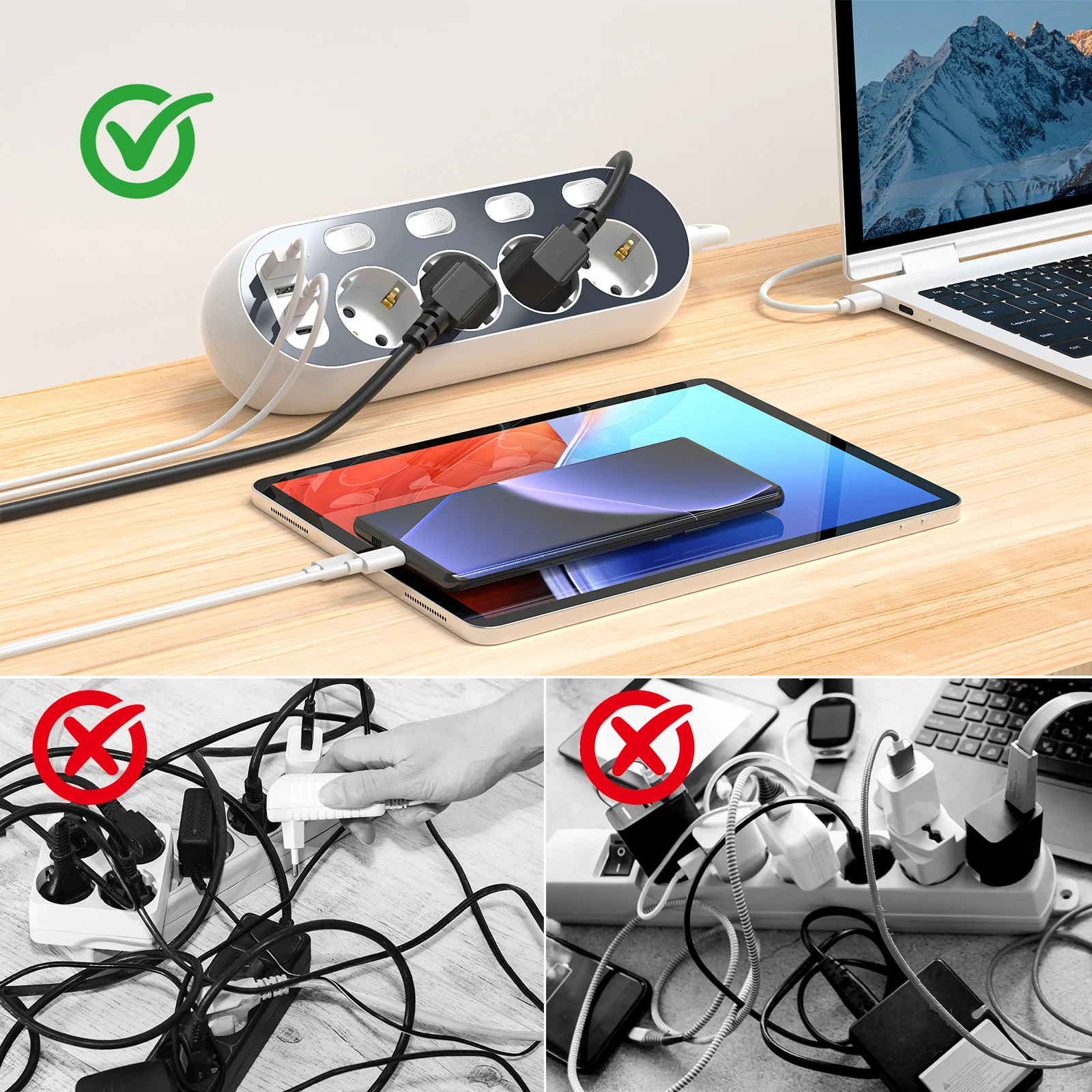 شريط طاقة 8 في 1، 4 مقابس تيار متردد + 2 منفذ USB A + 2 منفذ USB C، شحن سريع 3.4 أمبير، حمايات متعددة، كابل تمديد 2 متر