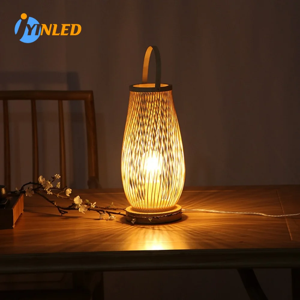 Vintage Bamboohandwerk Tafellampen Handgemaakte Slaapkamer Nachtkastje Verlichting Woonkamer Decor Warme Bamboe Houten Lamp