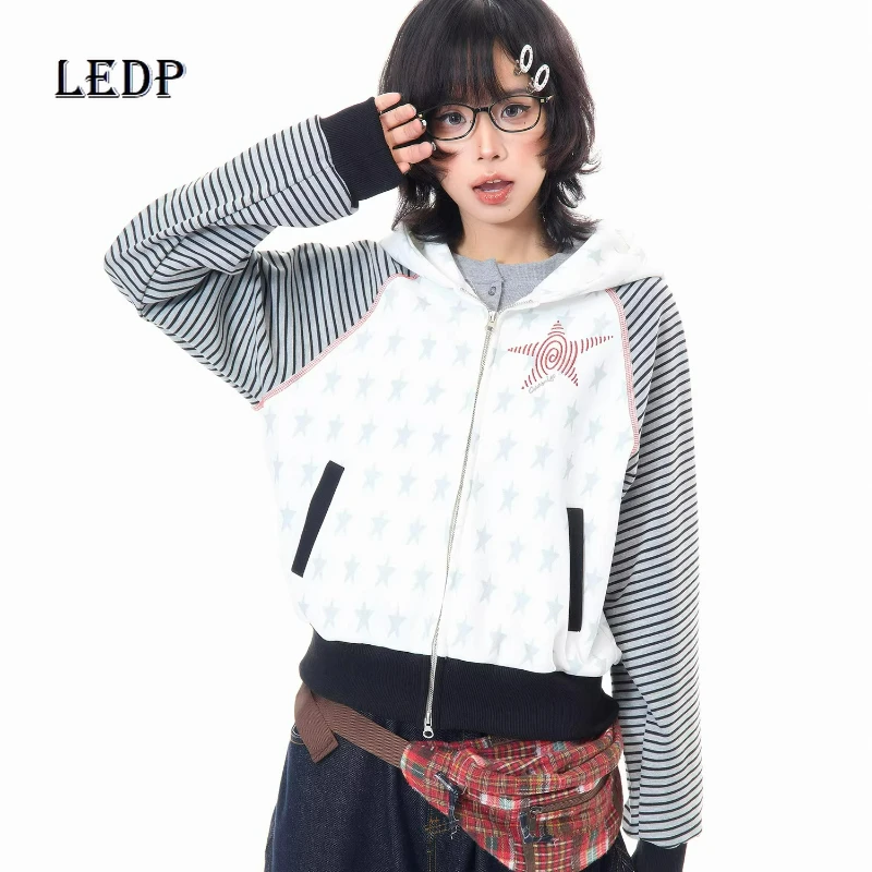 Hooded Women's Sweatshirts 2026 Spring Korean Design Star Embroidered Striped Splicing Loose Versatile Casual Short Coats Ladies