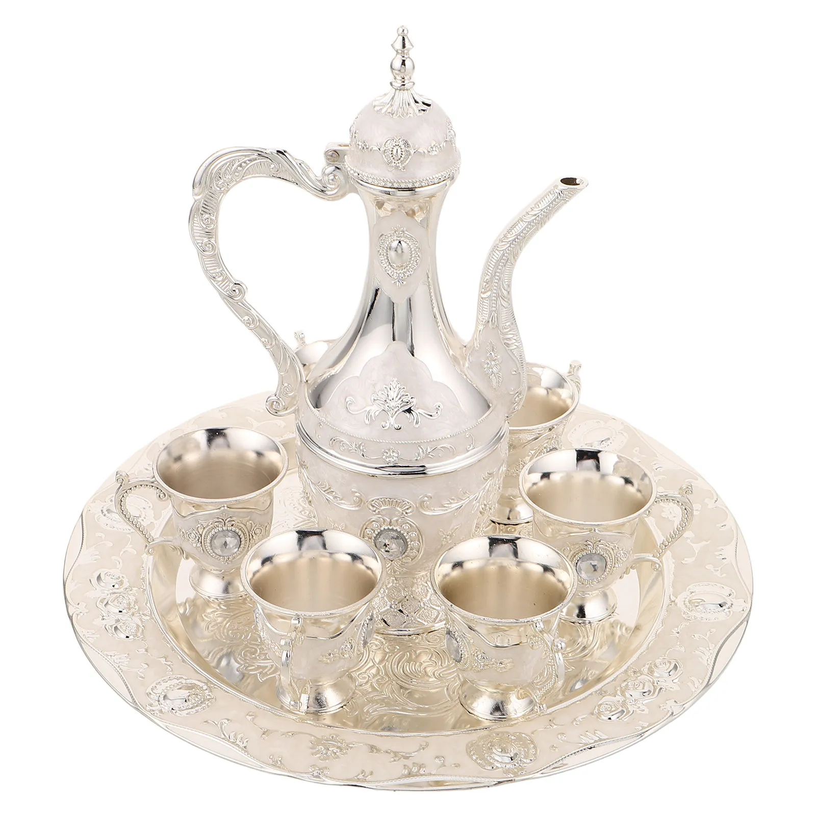 

1Set Vintage Turkish Coffee Pot Set Zinc Alloy Retro Stove Top Coffee Pot with Cups Tray Middle Eastern Decor Home Gathering