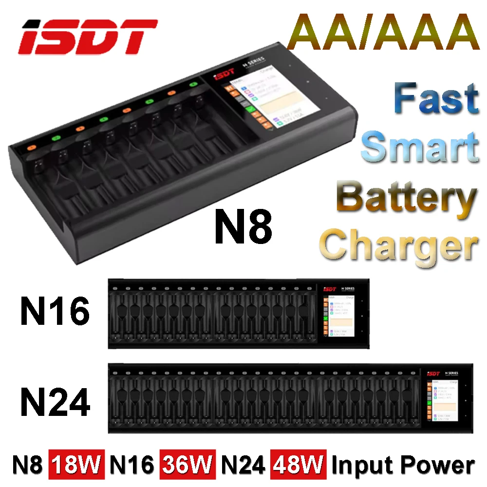 

ISDT Fast Smart Charger N24/N16/N8 AA/AAA Battery Discharger 18W/36W/48W Input Power For LiIon LiHv NiMh Charger LCD Display