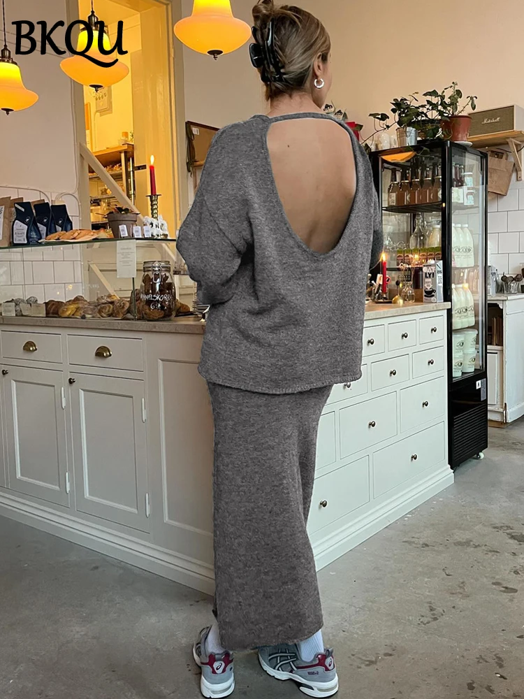 BKQU Casual Knitted Women\'s Two Piece Sets Long Sleeve Backless Pullover Sweater Elastic Slim Maxi Skirts 2024 Winter Lazy Suits