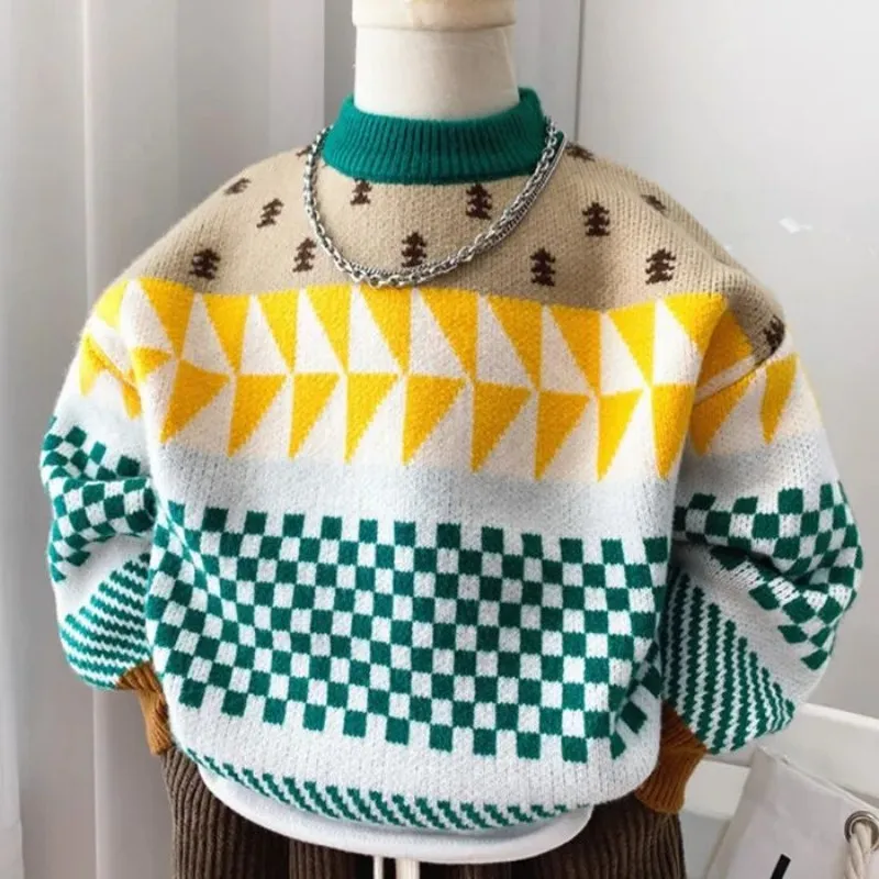 Boys' Sweater Korean Edition New Fashionable Children's Warm Color blocked Sweater Spring and Autumn Baby Knitted Sweater