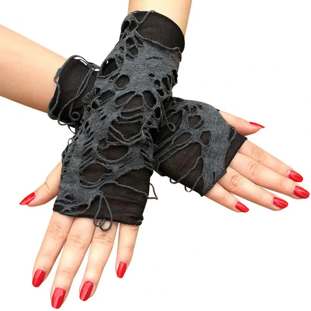 1 Pair Unisex Gloves  Punk Ripped Holes Fingerless Gloves  Black Halloween Gloves