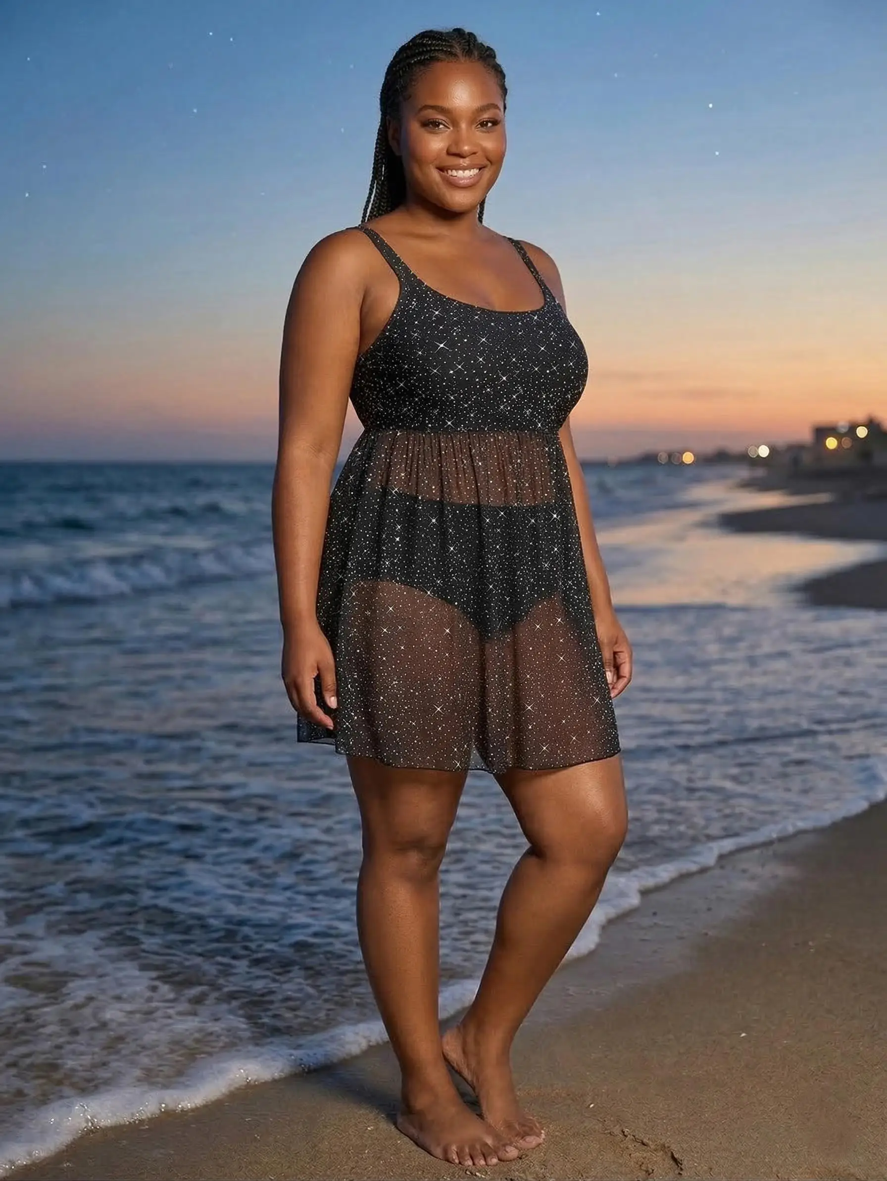 

Plus Size Glitter Star Print Tankini Swimsuit for Women Adjustable Halter Straps Natural Waisted Bottom 2 Piece Bathing Suit Set