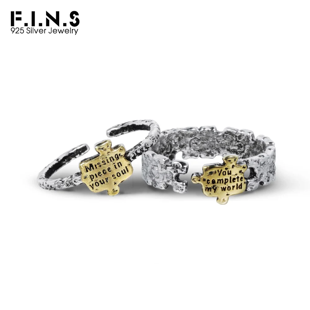 

F.I.N.S Original Couple Puzzle S925 Sterling Silver Ring Retro Color Separation Opening Finger Fine Jewelry Valentines Gift