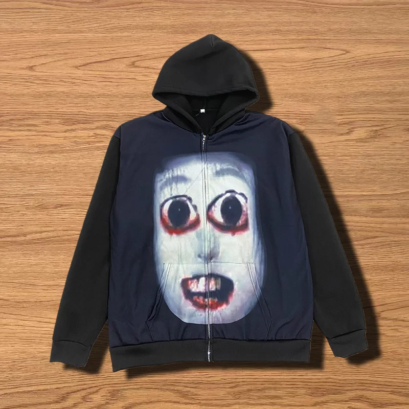 Personalisierter Kapuzenpullover mit lustigem Muster, bedruckt, mit Reißverschlusstasche, dunkler Y2K-Halloween-Modejacke für Freizeitkleidung