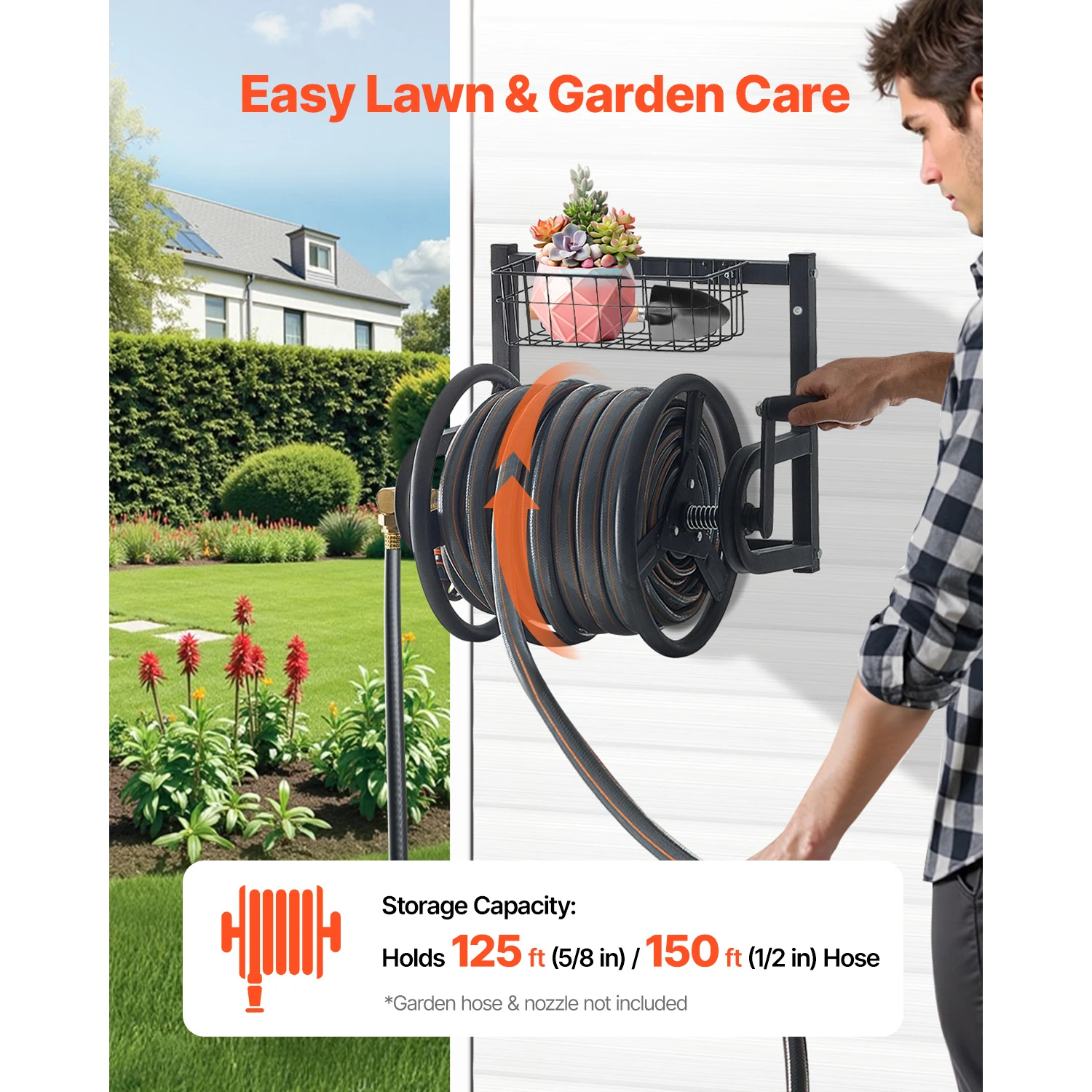 VEVOR Wall Mounted Garden Hose Reel Holds 125ft 5/8-in Heavy-Duty Water Winder Outdoor Manual Reel w/Brass Fitting and Basket