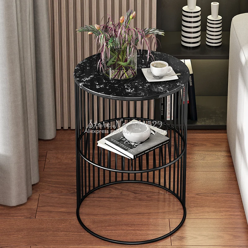  Nordic Wrought Iron Sofa Corner Side Table Small Coffee Tables Shelf Living Room Mini Round Marble Desk Space-Saving