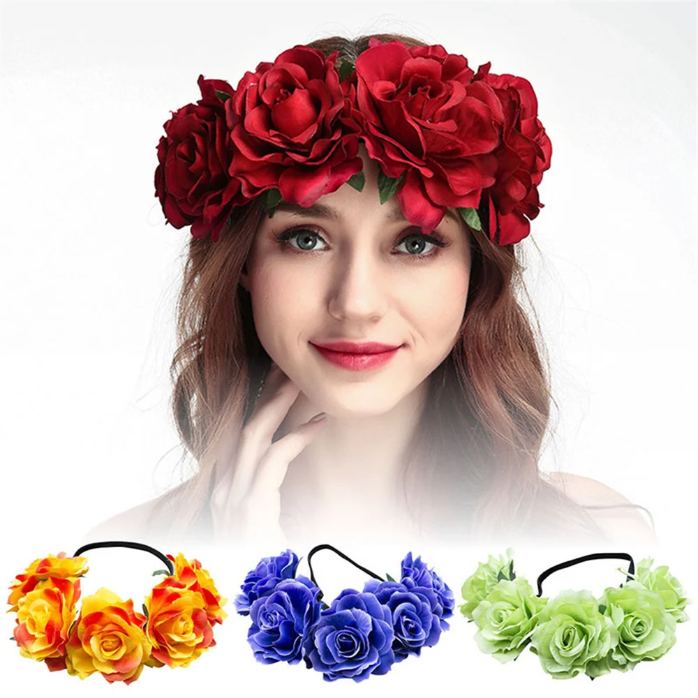 Women Bohemia Handmade Floral Headband Big Rose Flower Hairband Accessories Girls Bridemaids Wreath Party Hair Ornaments Floral