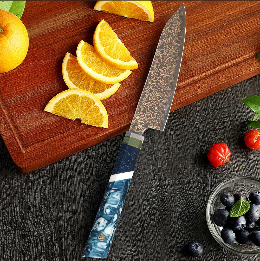 JUMCSONG Tri Color Copper Damascus Utility Knife High End Household Fruit Knife, Sharp Kitchen Peeling Vegetable Knife