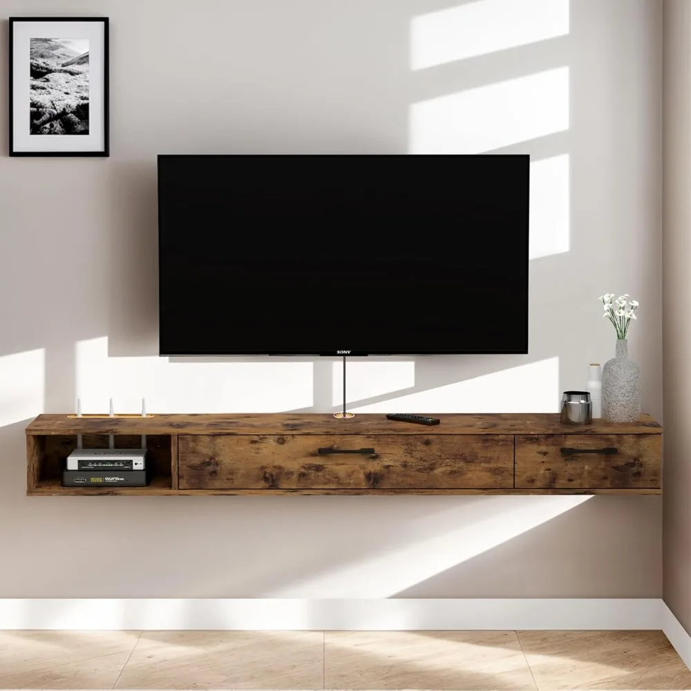 Rustic Wall-Mounted TV Stand with Floating Shelves and Doors, 47 Under-TV Storage