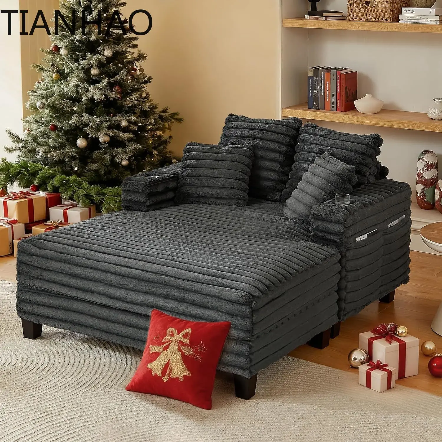 64 Inch Sleeper Sofa Bed for Living Room with Upholstered Wood Frame 4 Storage Pockets 2 Cup Holders Grey Convertible Couch
