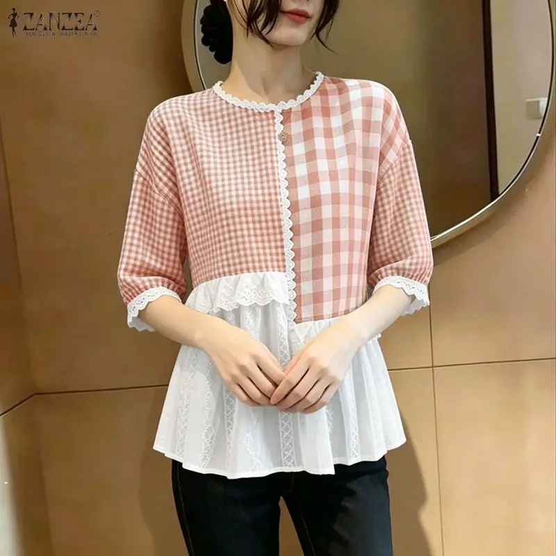 

2026 ZANZEA Women Summer Plaid Patchwork Blouse Casual O Neck Short Sleeve Tops Stylish Work Shirt Female Holiday Blusas Mujer