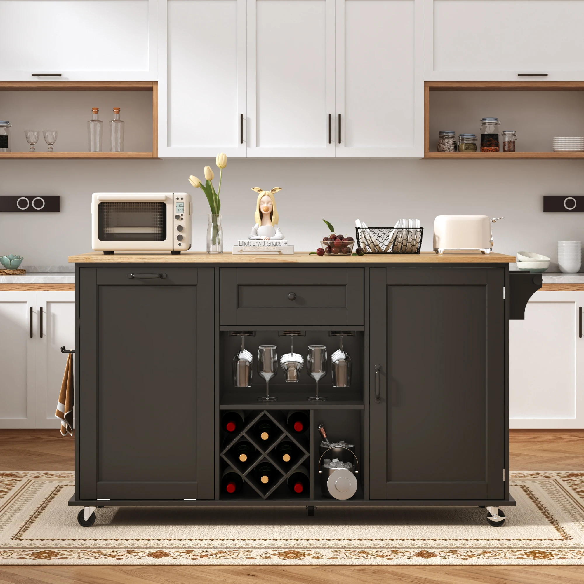 جزيرة مطبخ مقاس 59 بوصة على عجلات، عربة جزيرة مطبخ دوارة مع سطح طاولة من أوراق الشجر، جزيرة مطبخ متنقلة محمولة #3