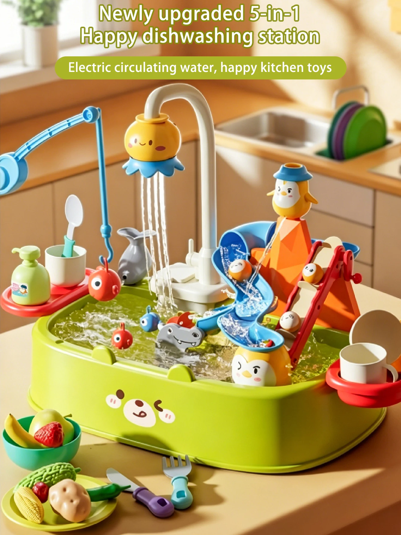 5-in-1 Kids Kitchen Sink Pretend Play Toy, Electric Circulating Water, Fishing & Slide Track Water Play Toy, Role Play House Gif