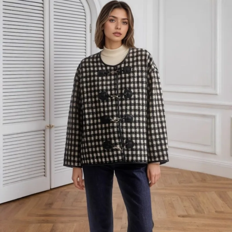 

O-neck Houndstooth Jackets Single Breasted Loose Long Sleeves Stylish Women‘s Jackets Elegant Casual New Outerwears Fancy Luxury