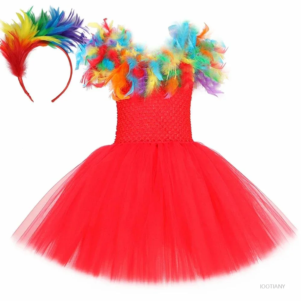 

Children's Cosplay Macaw Parrot Dress with Rainbow Feather Puff Skirt Toddler Girls Carnival Birthday Party Cosplay Costume Se