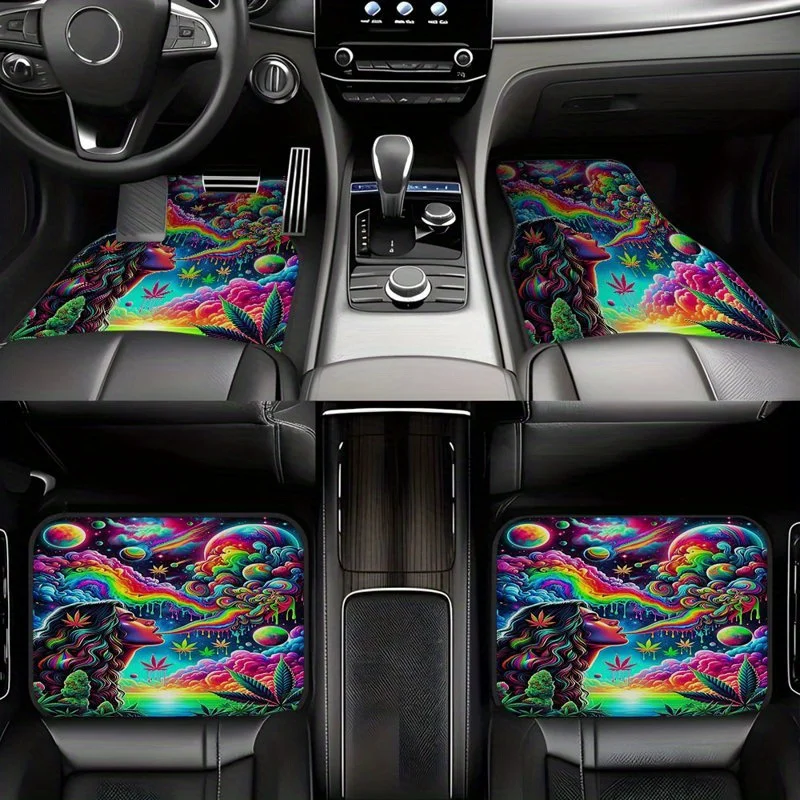 4pcs Psychedelic Alien Colorful Hippie-Style Pattern Car Mats, Universal Non-Slip Carpet, Easy To Clean, Pet-Friendly Interior