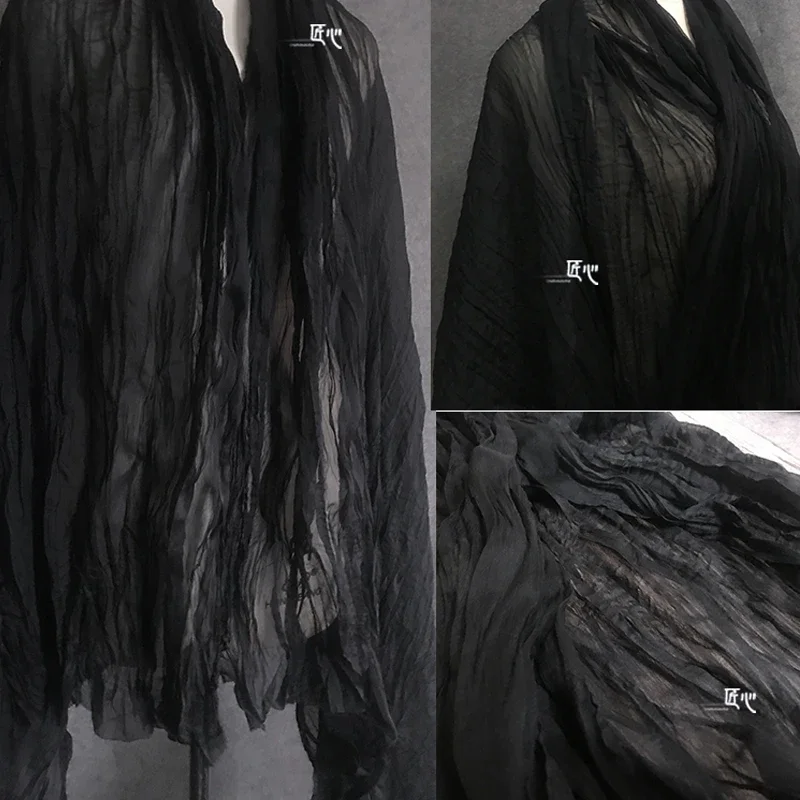 Black Pleated Crepe Fabric Soft Silk Smooth Cardigan Hanfu Clothing Designer Apparel Sewing Fabric Cloth Meters Diy Material