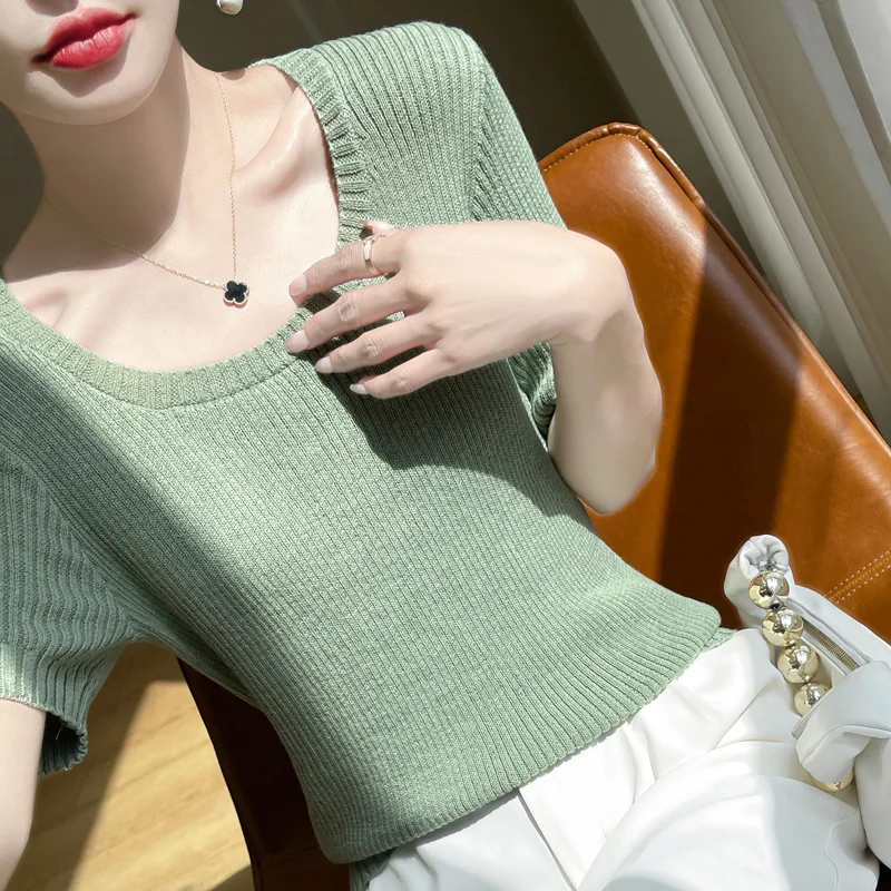 Women\'s T-shirt Summer New Worsted Wool Knitwear Casual Solid Color Ladies Tops Round Neck Pullover Short Sleeve Fitted Tees