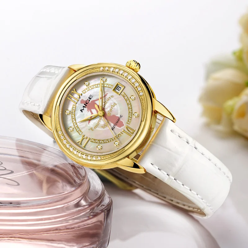 MIGE Elegant Ladies Mechanical Watch White Leather Band Mother of Pearl Dial Diamond Bezel Automatic Wrist Watch