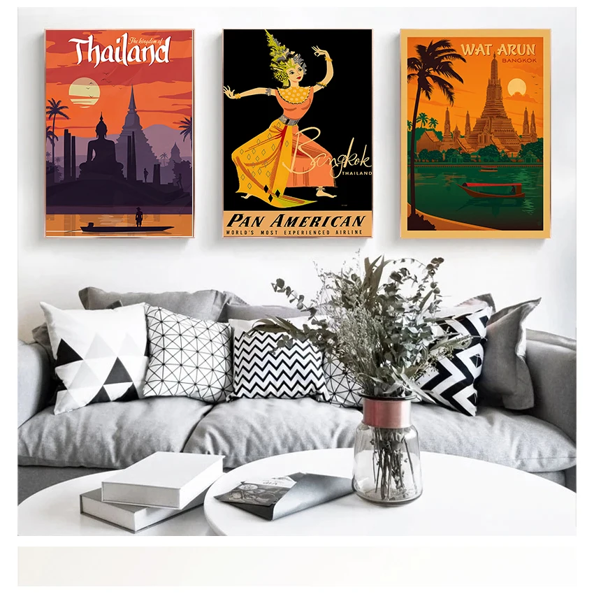 Canvas Paintings Vintage Wall Pictures Kraft Posters Coated Stickers Home Decoration Gift Visit Bangkok Thailand Travel