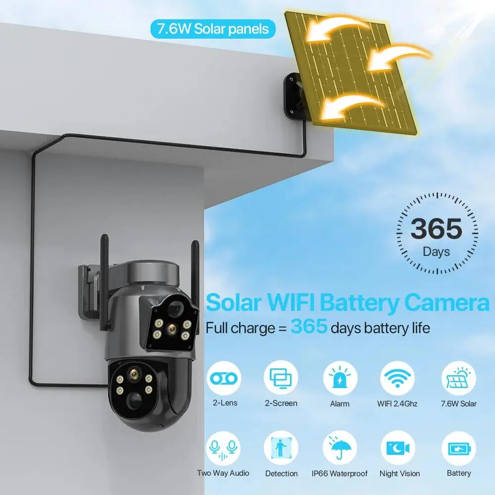 Outdoor Wifi Solar Camera Met 6.7W Zonnepaneel 4mp Dual Lens Dual Screen Linked Security Surveillance Ingebouwde 7800 Mah Batterij
