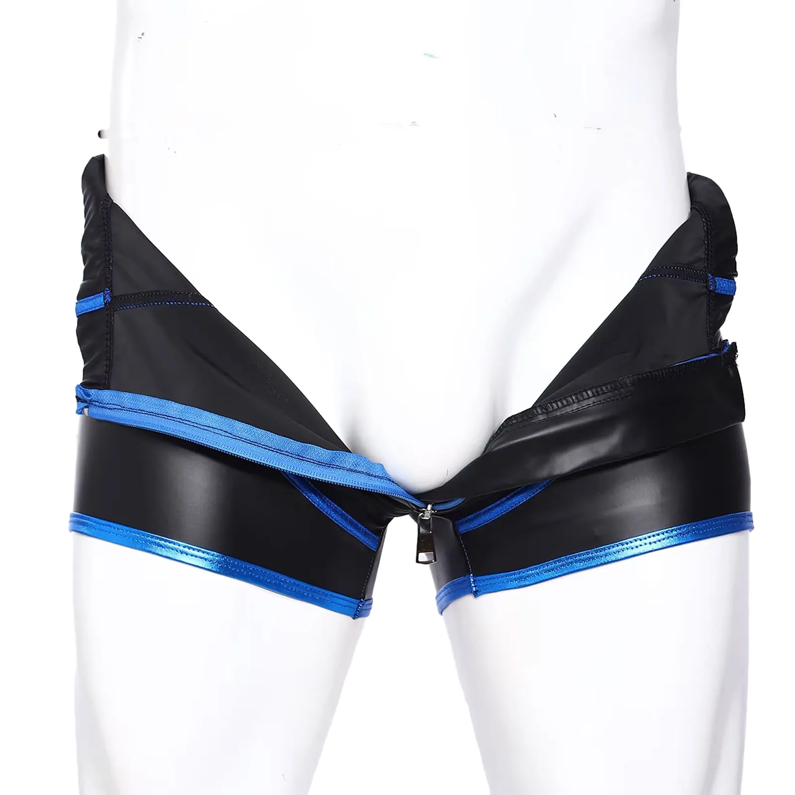 Vintage Mens Contrast Color Zip-up Shorts Stretch Slim PU Leather Shorts Men Spring Summer Stylish Board Shorts Briefs Swimsuit